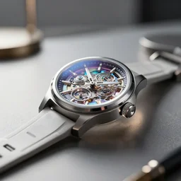 complex 3 d render of a futuristic watch lying on a table, minimalist design, high detail, sharp focus, iridescent glass, glowing interior components, intricate detail, depth of field, bokeh, cinematic lighting and composition, octane render, film grain, art deco