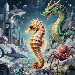 seahorse, goblinshark, dragon, quetzalcoatl, and spider hybrid giant serpentine kaiju! destroyed futuristic city on alien world! surreal art, semi realistic anime, h. r. giger, zdzisław beksinski, studio ghibli, makoto shinkai, cinematic, award winning illustration, masterpiece, trending on pixiv, 8 k