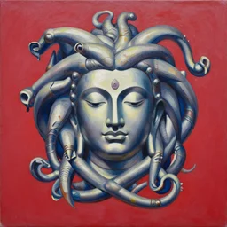 a beautiful painting buddha medusa, by beeple andy warhol realistic oil painting