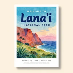 welcome to lanaʻi national park! vibrant tourist poster, minimalism, tourism, rich color palate, watercolors, trending on artstation