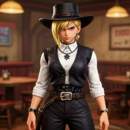 Screenshot of Android 18 from DBZ in western attire in the videogame 'Red Dead Redemption 2' in a saloon environment. Sharpened. 1080p. High-res. Ultra graphical settings.