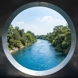 magnificent blue river flowing through a large metal futuristic circular portal