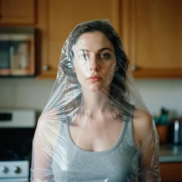a color photograph, closeup portrait of a woman wrapped in plastic, standing in a kitchen, color photograph, by john currin, canon eos c 3 0 0, ƒ 1. 8, 3 5 mm, 8 k, medium - format print