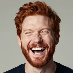 a portrait of a laughing redhead man with a beard, by david palumbo