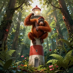 red orangutan as doctor who climbing on the unstable lighthouse, beautiful, realistic, atmosphere, vibe, forest, lot of trees, fern, flowers, concept art illustration, color page, tone mapping, akihiko yoshida, james jean, andrei riabovitchev, marc simonetti, digital illustration, greg rutowski, volumetric lighting, sunbeams, particles