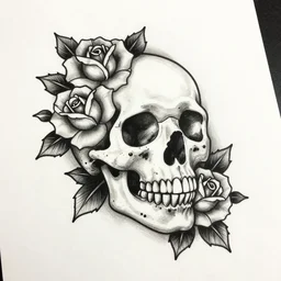 tattoo design, drawing, shading, skull with roses around it