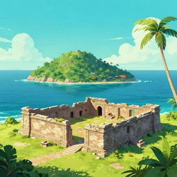 ancient ruins in a tropical island viewed from the sea,retrowave art,trending on deviant art