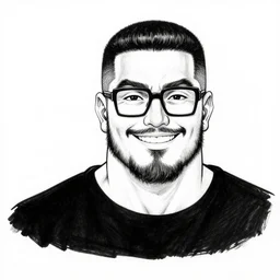 amateur ink line drawing of a buff smiling man with long stubble, muscular neck, rectangular square shaped glasses and a black bowl cut, wearing a black tshirt, b & w clean shaped illustration by kim jung gi, ric estrada, ron english and eiichiro oda