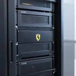 a closeup photorealistic photograph of a ferarri themed server room in a data center. ferarri shaped servers. bright scene. fine detail. this 4 k hd image is trending on artstation, featured on behance, well - rendered, extra crisp, features intricate detail, epic composition and the style of unreal engine.