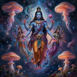 portrait of shiva and vishnu, extremely beautiful floating and merging among many nebula stars with lots of gigantic mushrooms and jellyfish, symmetrical composition, by gediminas pranckevicius, rafal olbinski, rob gonsalves, vladimir kush, digital painting, octane rendered, crepuscular rays, neon colors vibrant colors, trending on artstation