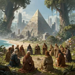 a group of ancient sacred religious cult in robes studying in the middle of a technological sci fi advanced city with a large pyramid in its center built in a temperate forest with giant trees near a beach, highly detailed, intricate, digital painting, trending on artstation, concept art, matte painting, art by greg rutkwowski, craig mullins, octane render, 8 k, unreal engine
