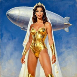 sc - fi movie poster from the 3 0's, young bride dejah thoris, gold bikini armor, zeppelin, acrylic painting, by leyendecker