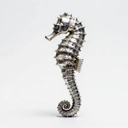 silver seahorse, professional studio photo, full body, isolated on a pure white background, centered, entire subject in frame, sharp focus, soft studio lighting