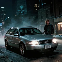 Audi A4 B6 Avant (2002) in a car chase, a gritty neo-noir, dramatic lighting, cinematic, establishing shot, extremely high detail, photorealistic, cinematic lighting, artstation, by simon stalenhag, Max Payne (PC) (2001) winter new york at night, dark night, bright lights, simon stalenhag eldritch horror