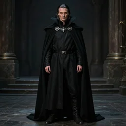 mads mikkelsen as a vampire, male, late - 4 0 s aged, shoulder length hair, slicked black hair, red eyes, clean shaven, wearing a cape, regal, royal, grim facial expression, high medieval fantasy, full color digital art, cinematic shot, full body shot.