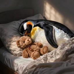penguin sleeping in bed with teddy bear