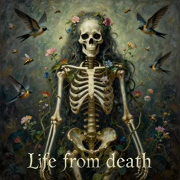 'Life from death' A beautiful detailed aesthetic horror portrait painting depicting 'A skeleton with vines and flowers growing all over it, birds and bees flying all around it' by Odilon Redon, Trending on cgsociety artstation, 8k, masterpiece, cinematic lighting.