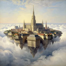 ''a city floating in the clouds, majestic, romantic era painting, early 1900s, romantic, realistic''