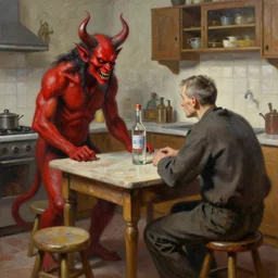 oil painting of a soviet kitchen with a red horned demon and a graying man sitting at the table on stools. there is vodka on the table. high quality, high detail, fantasy, close-up