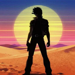 cowboy bebop silhouette in the desert, synthwave