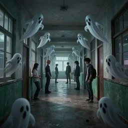interior of a haunted school corridor ghots flying around, art style by kim jung gi karl marx greg rutkowski ghibliklimt and nixeu and ian sprigger and wlop and krenz cushart, au naturel, hyper detailed, digital art, trending in artstation, cinematic lighting, studio quality, smooth render, unreal engine 5 rendered, octane rendered