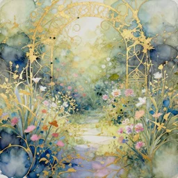 summer garden, alcohol ink painting with gold filigree, very beautiful masterpiece, stunning, gorgeous