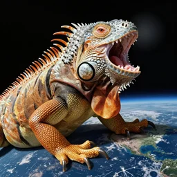 a humongous iguana with it's mouth wide open ready to swallow and eat EARTH outside in space