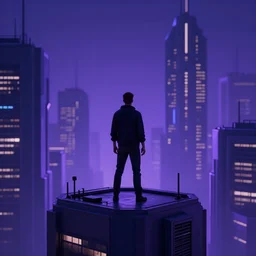 a view of a man's back standing on top of a building, with purple - blue style cyberpunk city buildings in the background, volumetric light, cinematic, moody, octane render 4 k, 8 k