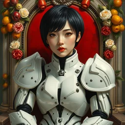 a portrait of asian female with short black hair dressed with a robot knight plastic white armor from evangelion, sit in a throne sorrounded by garlands of marble fruits and flowers, masterpiece painted by jc leyendecker
