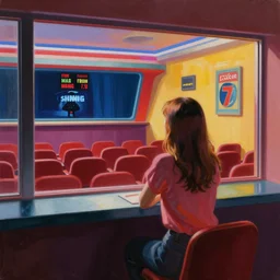 lone girl waiting inside a 7 0 s cinema, stanley kubrick the shinning, vibrant colors americana, cinematic, volumetric lighting, ultra wide angle view, realistic, detailed painting in the style of edward hopper