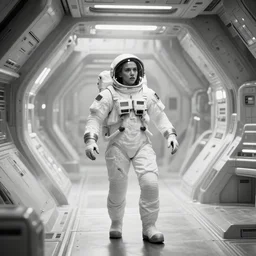 scarlett johansson in spacesuit inside an huge alien mothership interior, black and white, dynamic angle, pencil and ink manga, ridley scott, dramatic lighting