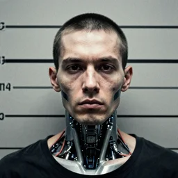 grainy photo, an ugly criminal mugshot, cyborg cyborg cyborg cyborg implant wires - n 9