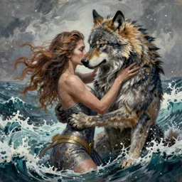 amazing detailed intricate beautiful painting of a woman and a werewolf in a passionate embrace in a turbulent ocean. hd. hq. trending on artstation
