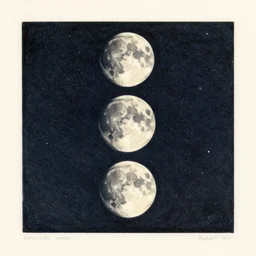 the five phases of the moon, occult, vast cosmos, a photograph of a simple two color woodcut print with ink on textured paper