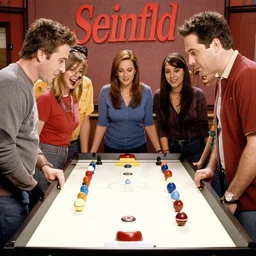 the cast of seinfeld playing air hockey