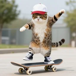 a cat standing on its back legs, wearing high top sneakers and a baseball cap, riding a skateboard, by alexander williams, trending at artstation, award winning