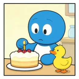 short cartoon strip, blue robot bakes a cake for yellow duck, by bill watterson