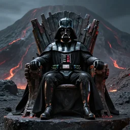 Darth Vader sits on his throne in a volcano, cinematic