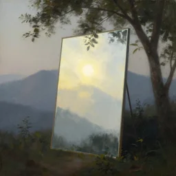 a giant mirror on a mountain reflecting sunlight between the leaves of a tree in the foregrund, nostalgic painting, calm lighting, low incidence of artistic fog