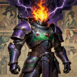 composition portrait of gothic and futuristic, warhammer, cyber japan style armor, more and more scars, thunderstorm, fire head, purple, green and yellow, highly detailed, artstation, in the style of moebius, jugendstil and classic japanese print, art by jean delville and rene magritte