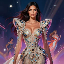 Portrait of Adriana Lima wearing epic haute couture by Alexander McQueen, extremely beautiful and proportionate face, in the aesthetic of mert and marcus, masterpiece, intricate, elegant wardrobe, highly detailed, digital painting, artstation, concept art, crepuscular rays, smooth, sharp focus, illustration, floating among stars, neon cyberpunk vibrant colors, volumetric lighting, art by artgerm and james jean and greg rutkowski and alphonse mucha and Nick Sullo