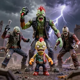 hyperrealistic rendering, epic boss battle, punk rock zombie, by art of skinner and richard corben, product photography, collectible action figure, sofubi, hottoys, storm clouds, outside, lightning