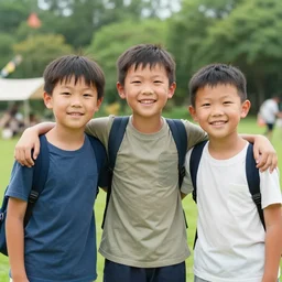 three kids smiling after a day at summer camp, photograph