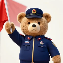 a portrait of a socialist bear in a uniform waving a red flag