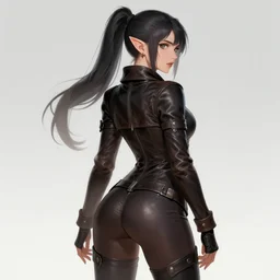 backveiw picture of elf rogue, female, beautiful, white skin, ponytails, alluring, skintight leather clothes, curves, short coat, face details, extremely detailed, smooth, sharp focus, digital illustration, by artgerm, rossdraws, sakimichan