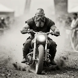 old  vintage full body photo of  ancient viking warrior with full beard during motorsports event, extreme sports photography ,super high speed photography, dynamic photography,symmetrical face, clean face, muscular body, high speed,dirt and grawel in air,  lens flares, dust partiles in the air, dramatic lighting, intricate, highly detailed, centered, smooth, sharp focus,  sports photography, old photo, black and white, sepia, cinematic lighting, cinematic angle,  national geographic