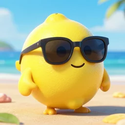 3D render of a pixar lemon wearing sunglasses at the beach, trending on artstation, 8k