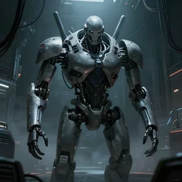 2 0 1 9 anime dystopian cyberpunk movie still : : virtual mechanical hall interior art : : biomechanical buff intimidating killer robot : : somber far future cables lab shadowed background : : faceless staring murderously, renderfog