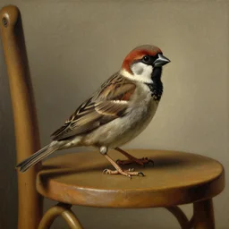 oleo, by diego velazquez, an oil painting of a sparrow perched on a chair, highly detailed, sharp focus, artstation