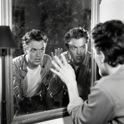 a black and white photo of someone trying to get out of a big mirror, stuck, trapped, angry, 1 9 4 0 s, scratched, damaged photo